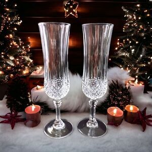 Cristal D Arques Longchamp Champagne Flutes Pair Diamax Crystal Clear France